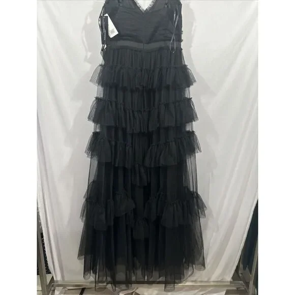 NWT $299 Betsy & Adam [ 8 ] V Neck A Line Tiered Ruffle Tulle Gown Black  #Q910 - threedaughtersproperties.com